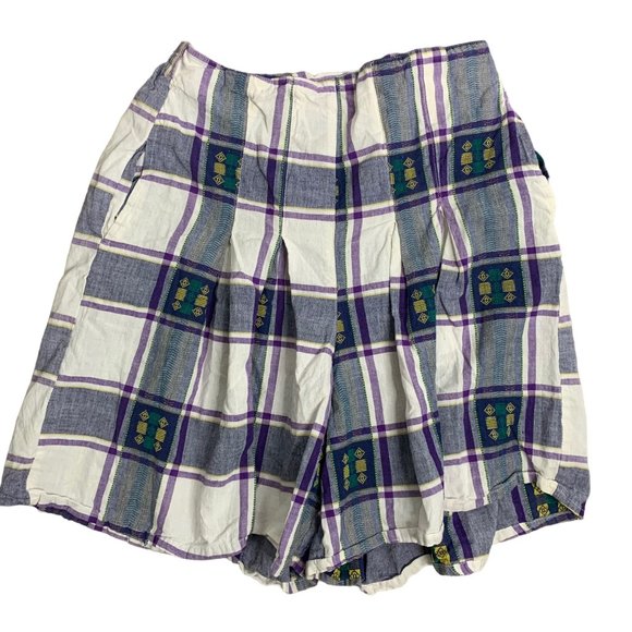 Vintage Button Up Shirt Shorts Set M Purple Plaid Embroidered Pockets Elastic - Picture 9 of 11